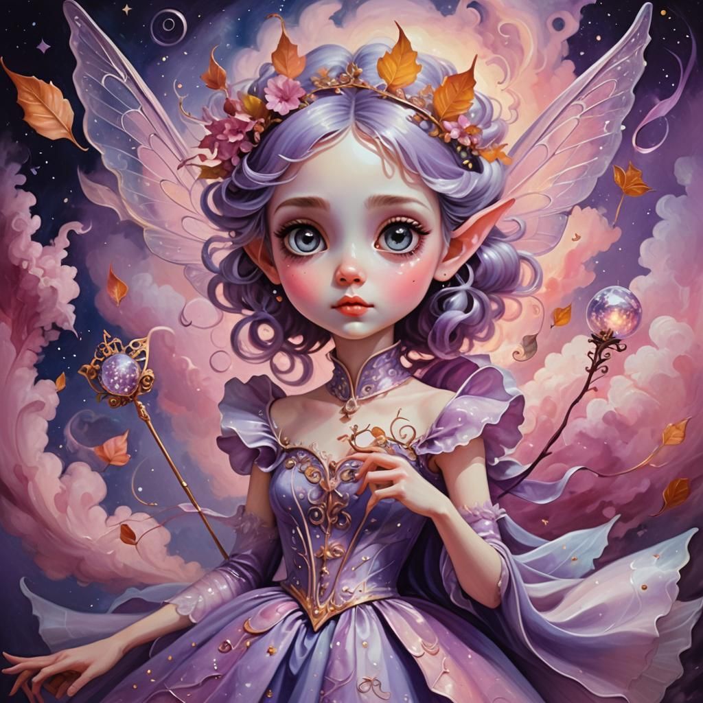 Lilac Fairy on Pink Cloud in Surrealist Style