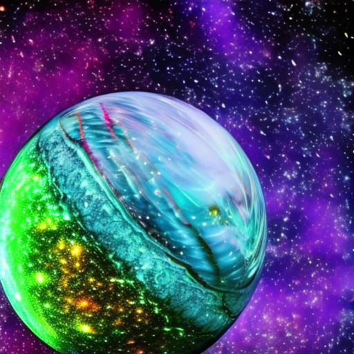 Bioluminescent Galaxy in Glass Sphere with Crystals