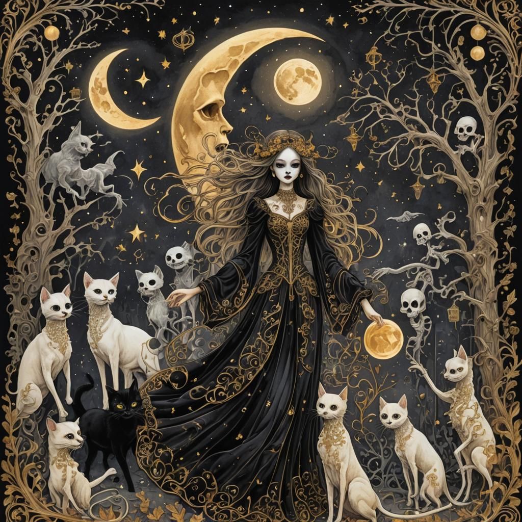 Whimsical Moonlit Dance of Ghosts and Cats