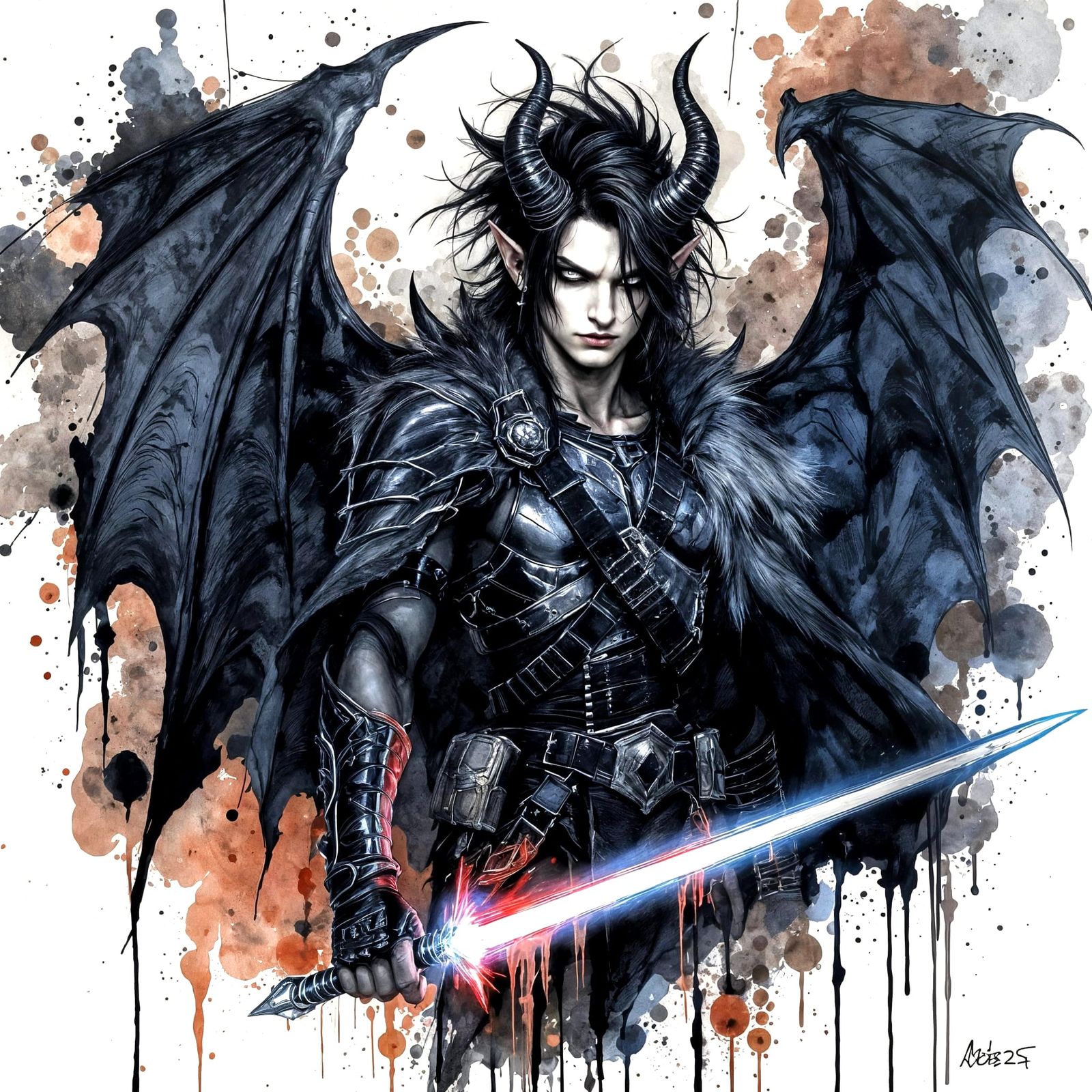 Moody Punk Elf with Dragon Wings in Art Nouveau Style