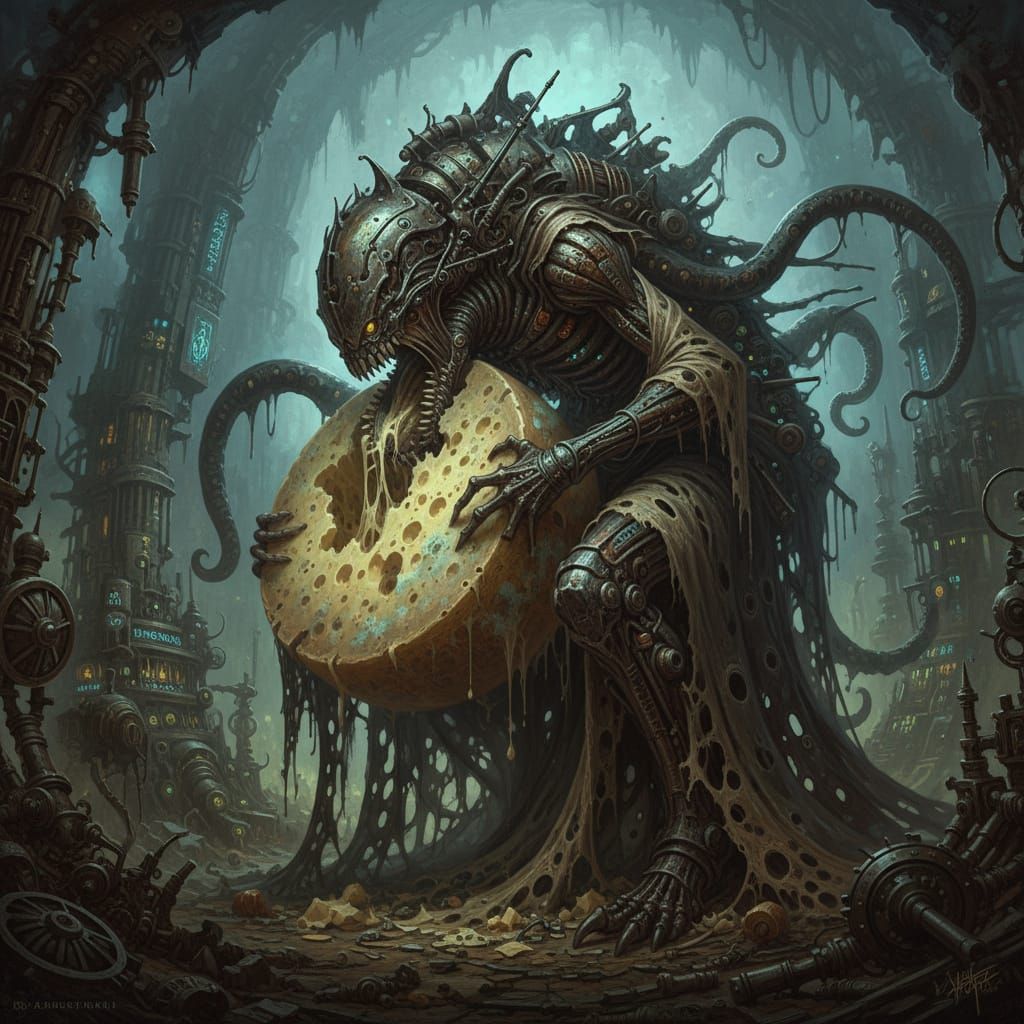 Giant Tentacled Monster Eats Cheese in Mystical Cavern