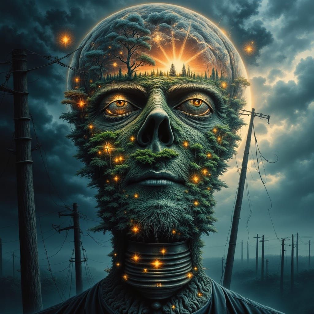 Surreal Mindscape: Man with Trees for Lungs Powering the Gri...