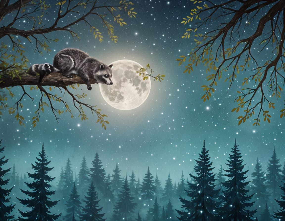 Raccoon Reaching for the Moonlit Sky
