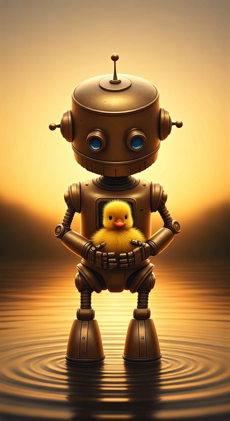 Whimsical Robot Cradles Duckling in Sunset Landscape