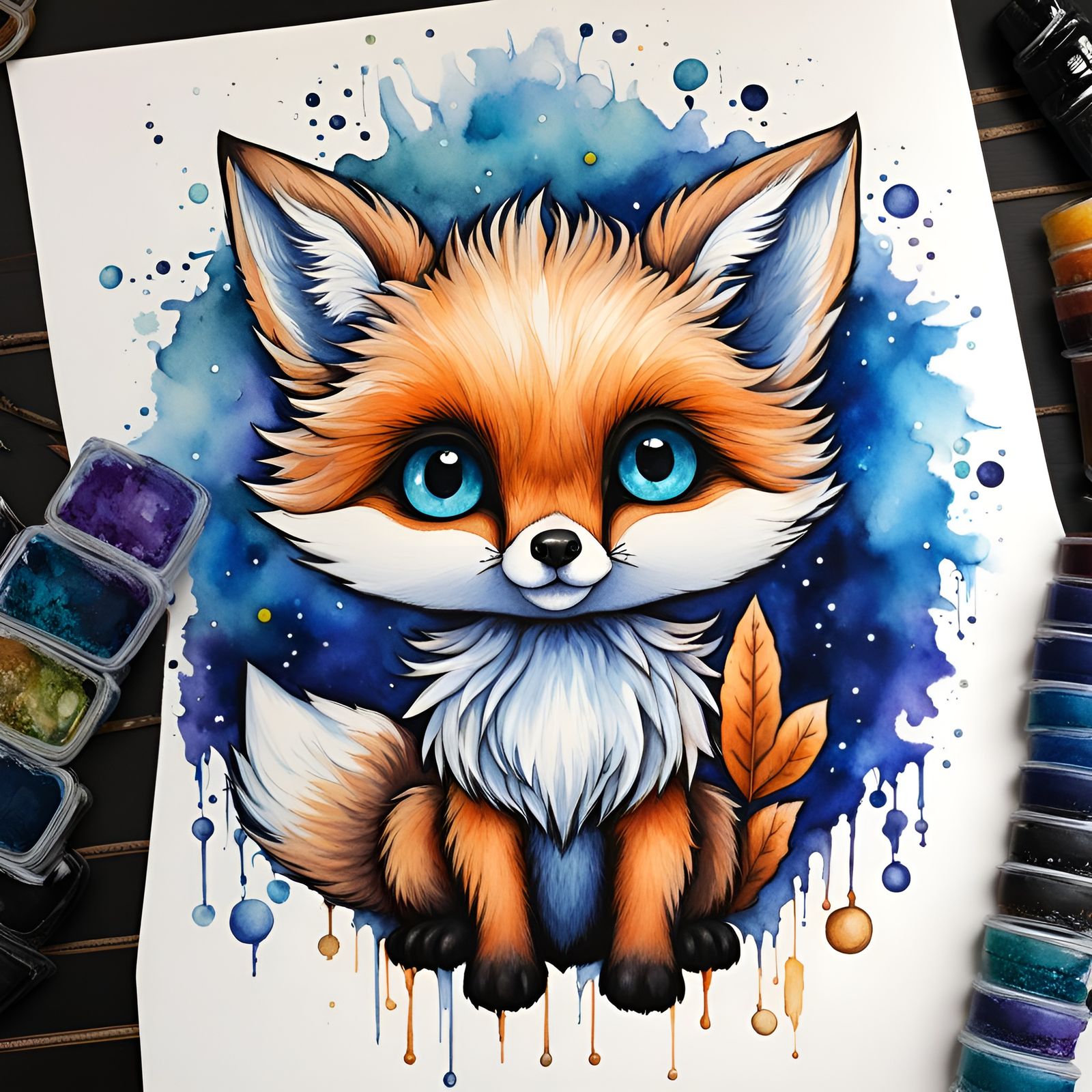 Cute Blue Fox Chibi in Watercolor Style