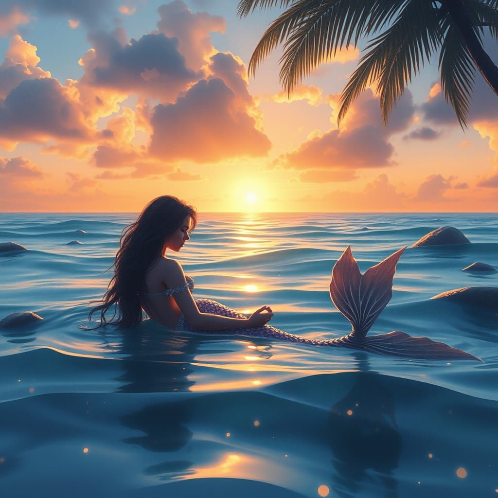 Mermaid at Sunset in Romantic Matte Painting Style