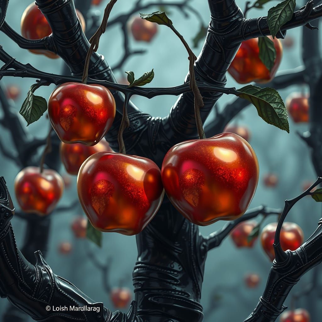 Dark Fantasy Chrome Apples in a Dreamlike Landscape