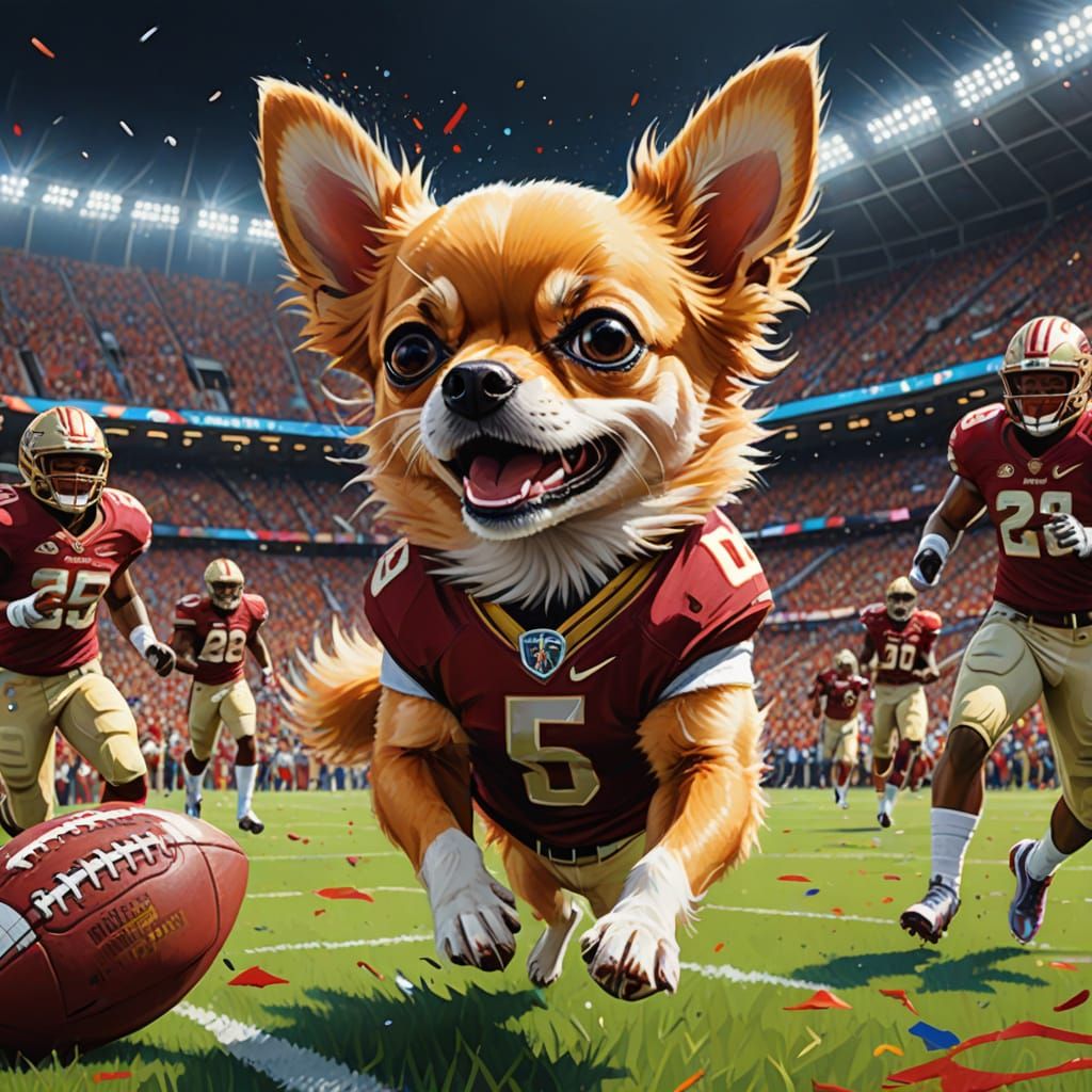 Chihuahua Celebrates Touchdown in Vibrant Acrylic Painting