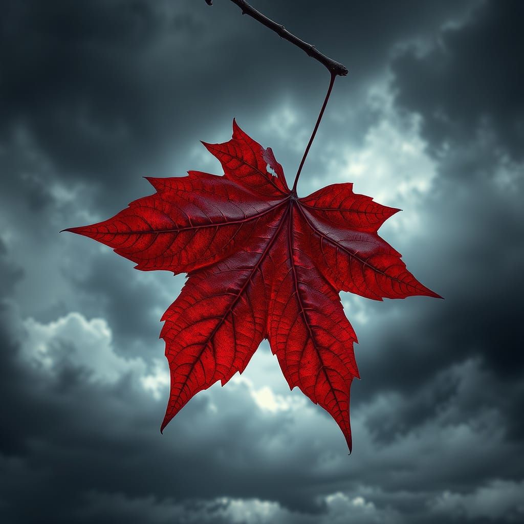 Crimson Maple Leaf in Stormy Sky