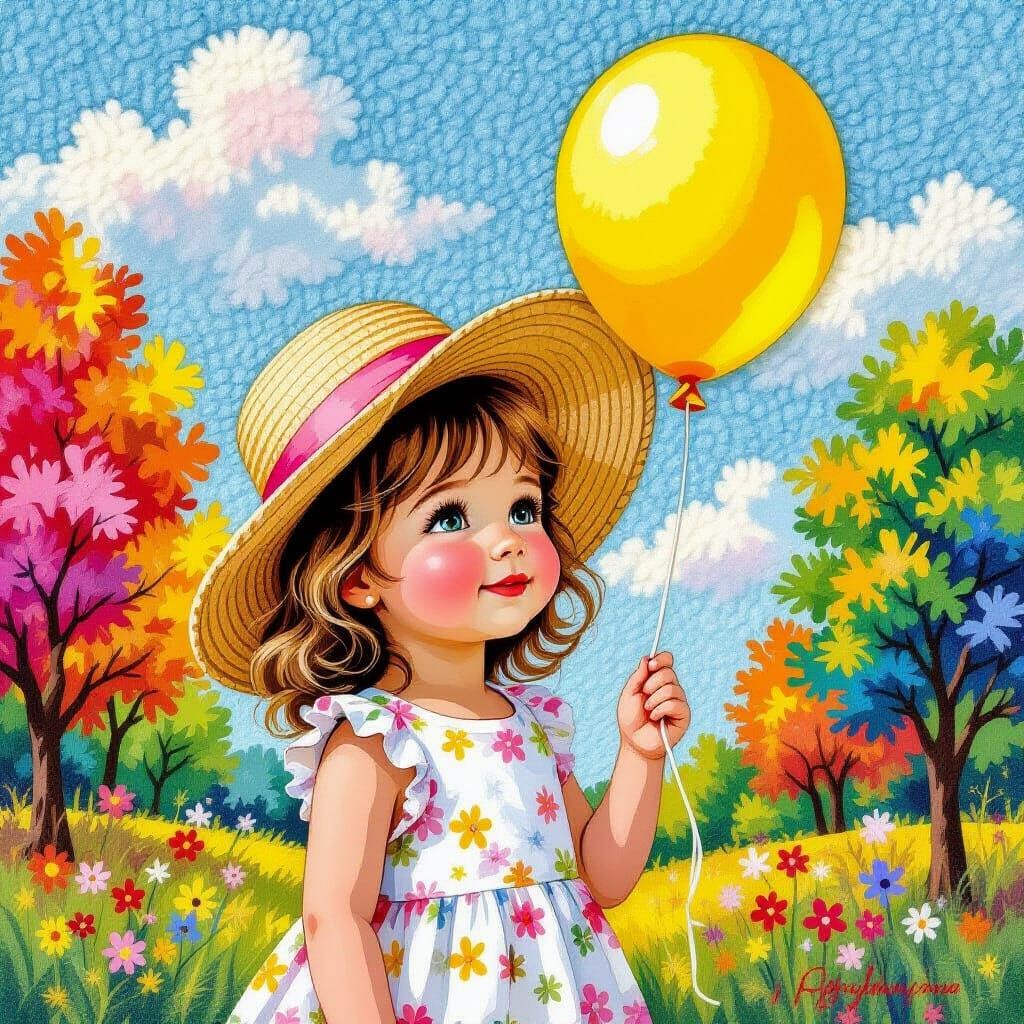 Latchhook Art: Girl with Yellow Balloon, Folk Style