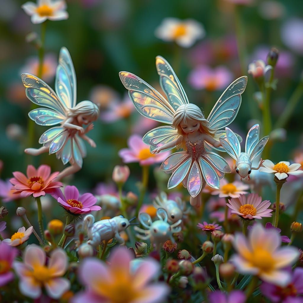 Iridescent Fairies in a Magical Flower Field