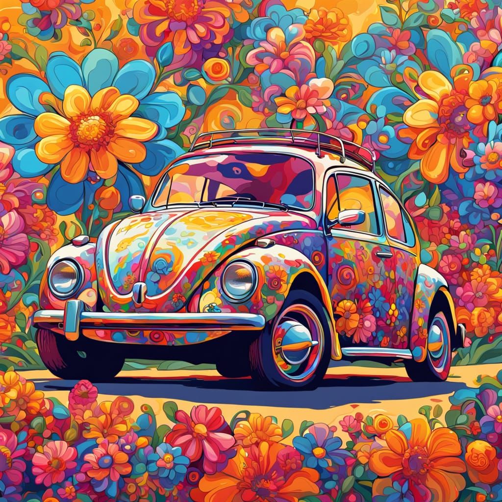 Psychedelic Flower-Covered Volkswagen Beetle Art