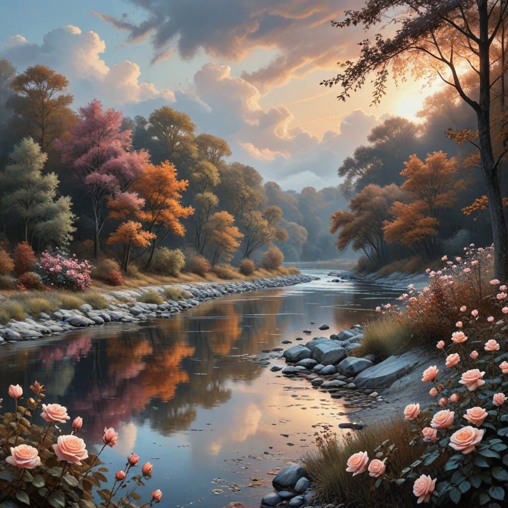Winding River Landscape with Pink Roses