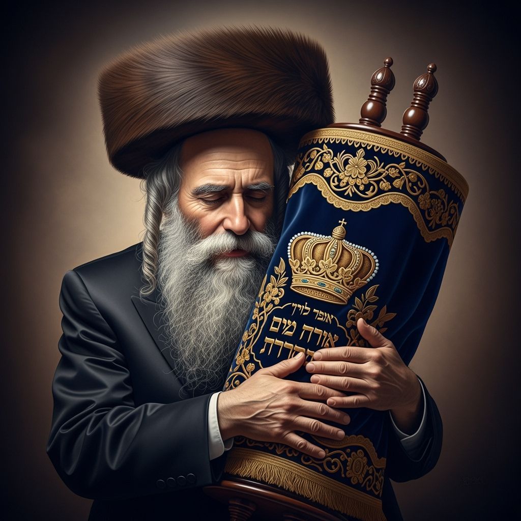 Elderly Rabbi Embraces Torah Scroll in Chiaroscuro Style