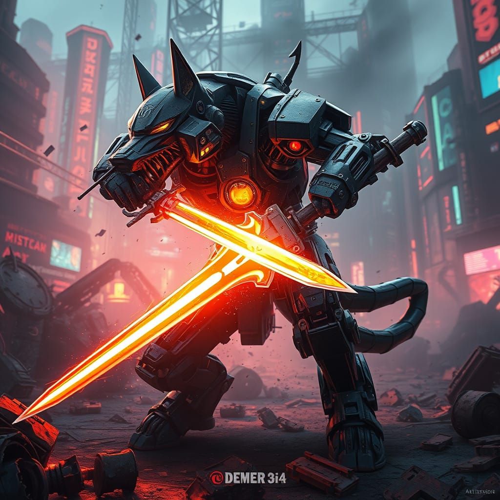 Cyberpunk Canine Robot Warrior in Heroic Pose