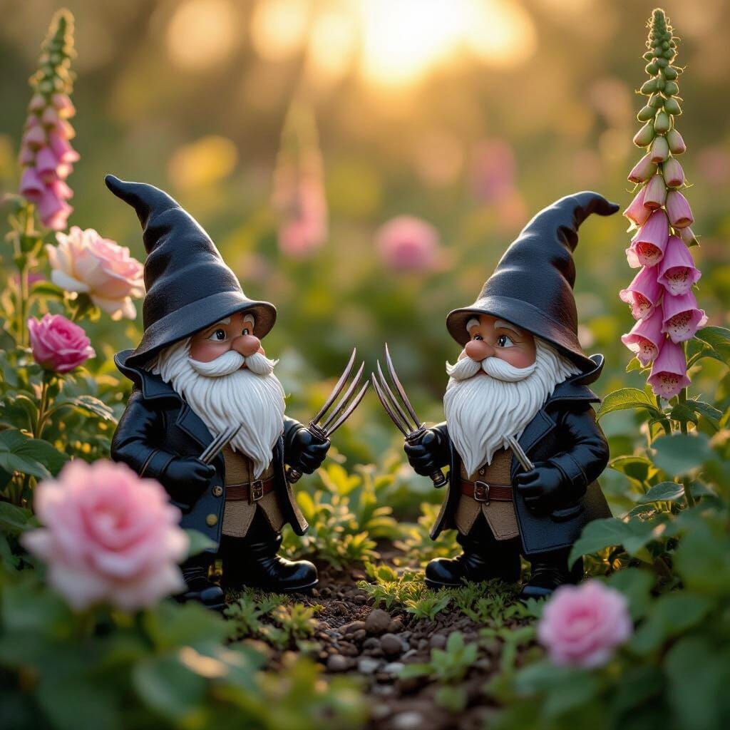 Grumpy Wolverine-Gnomes in Quaint English Garden