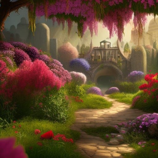 Secret flower garden detailed matte painting, deep color, fantastical, intricate detail, splash screen, complementary co...