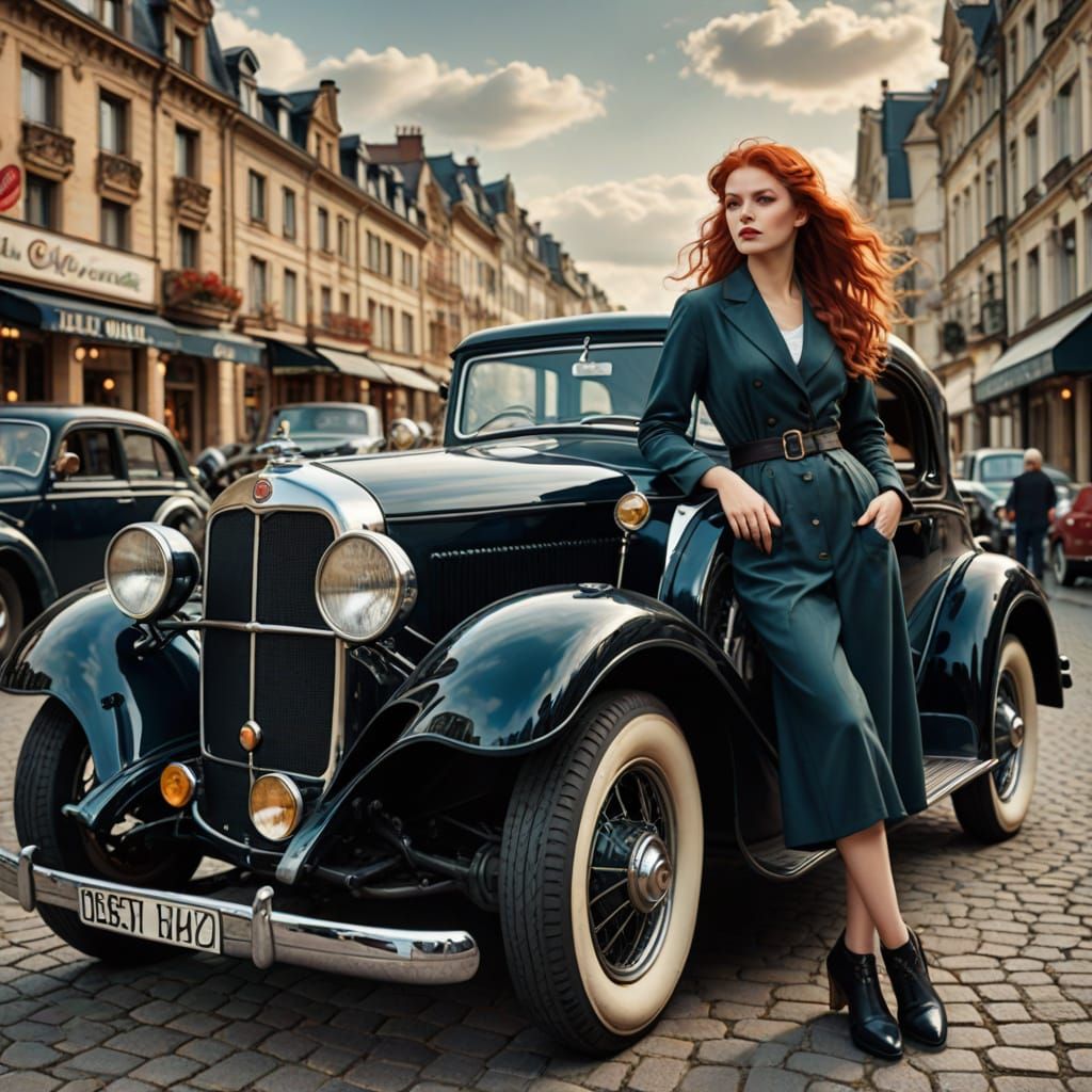 Alluring Art Nouveau Beauty Poses with Vintage Automobile