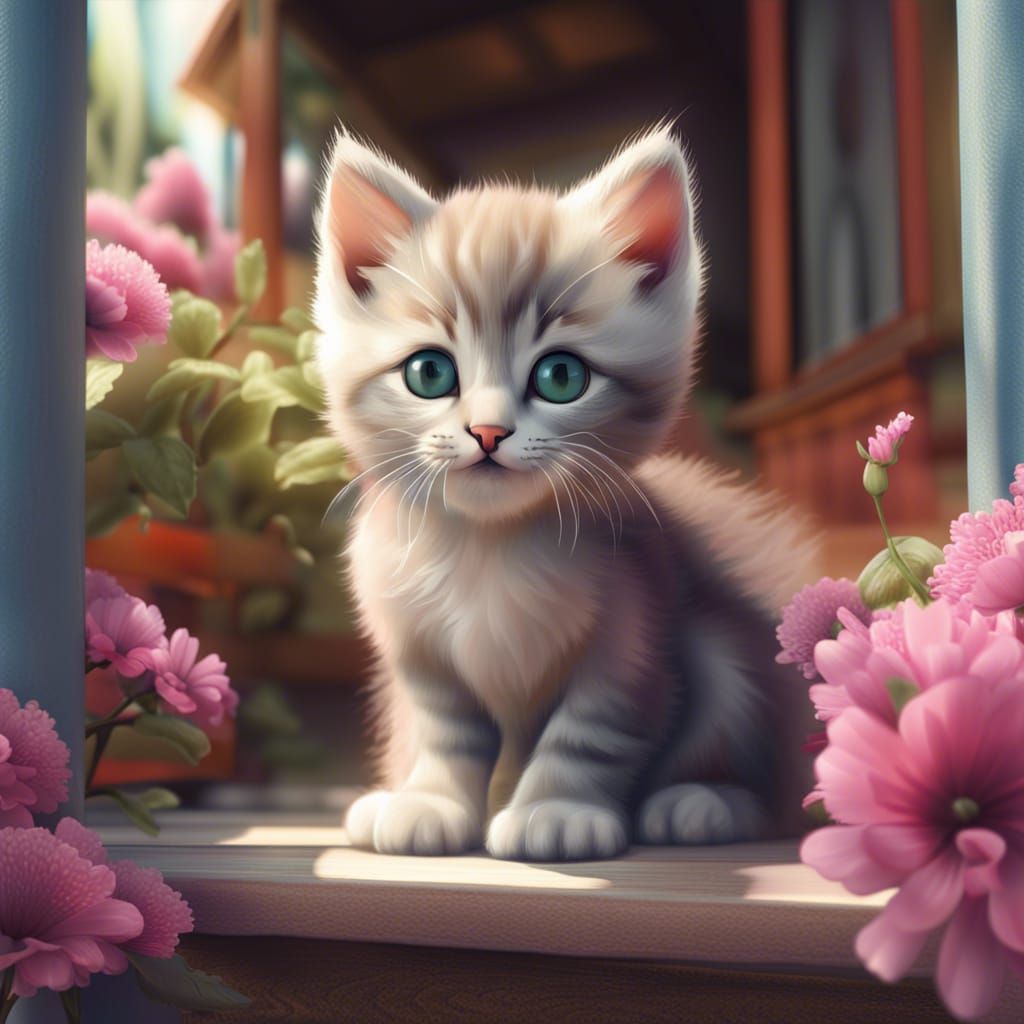 Cute Kitten Surrounded by Flowers in 8K Resolution