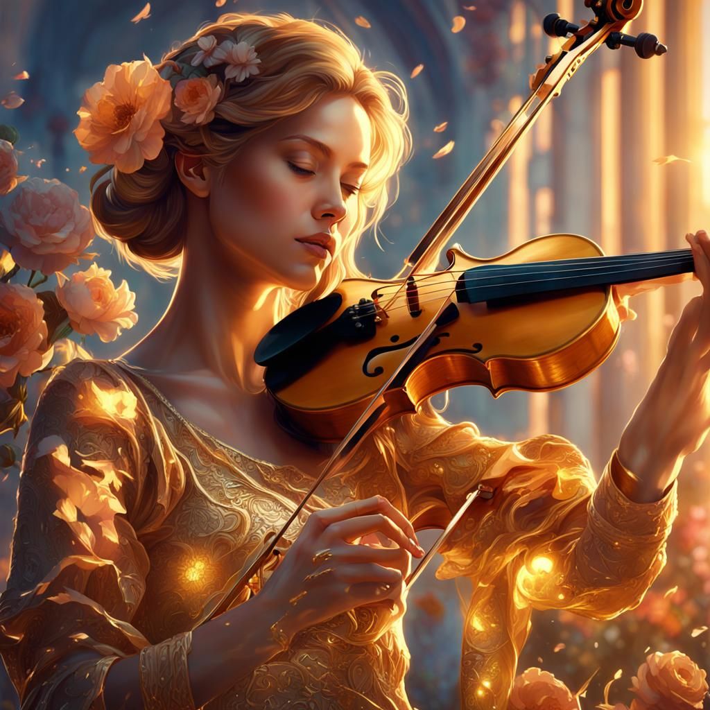 Golden Violin Played at Golden Hour, Hyperdetailed Portrait