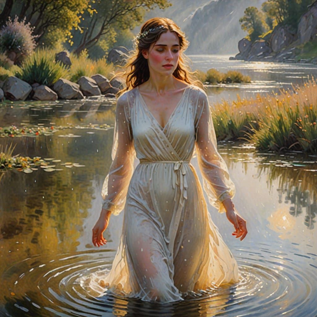 Lady Emerging from Lake: Impressionist Painting