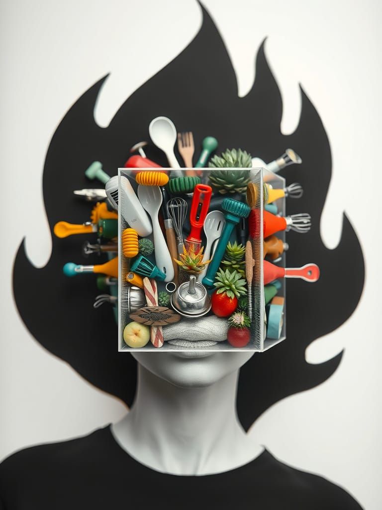 Surreal Kitchen Tool Goddess Amidst Black and White Flames