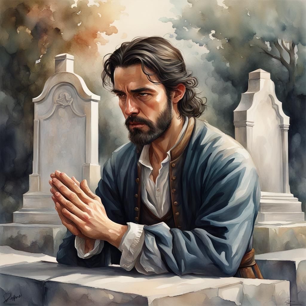 Man Praying in 1600s Attire, Watercolor Painting