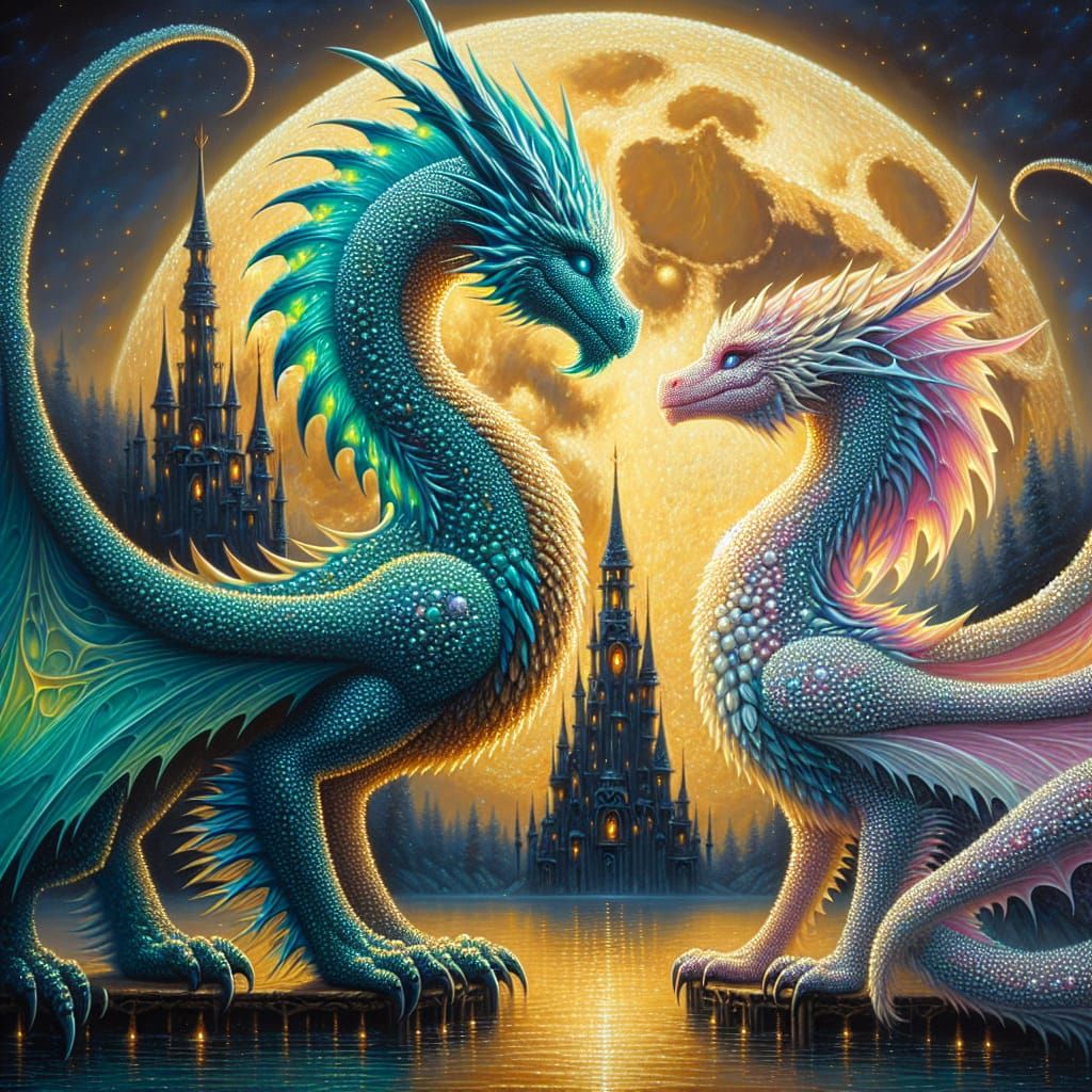 Romantic Dragon Encounter Under Moonlight, Fantasy Art