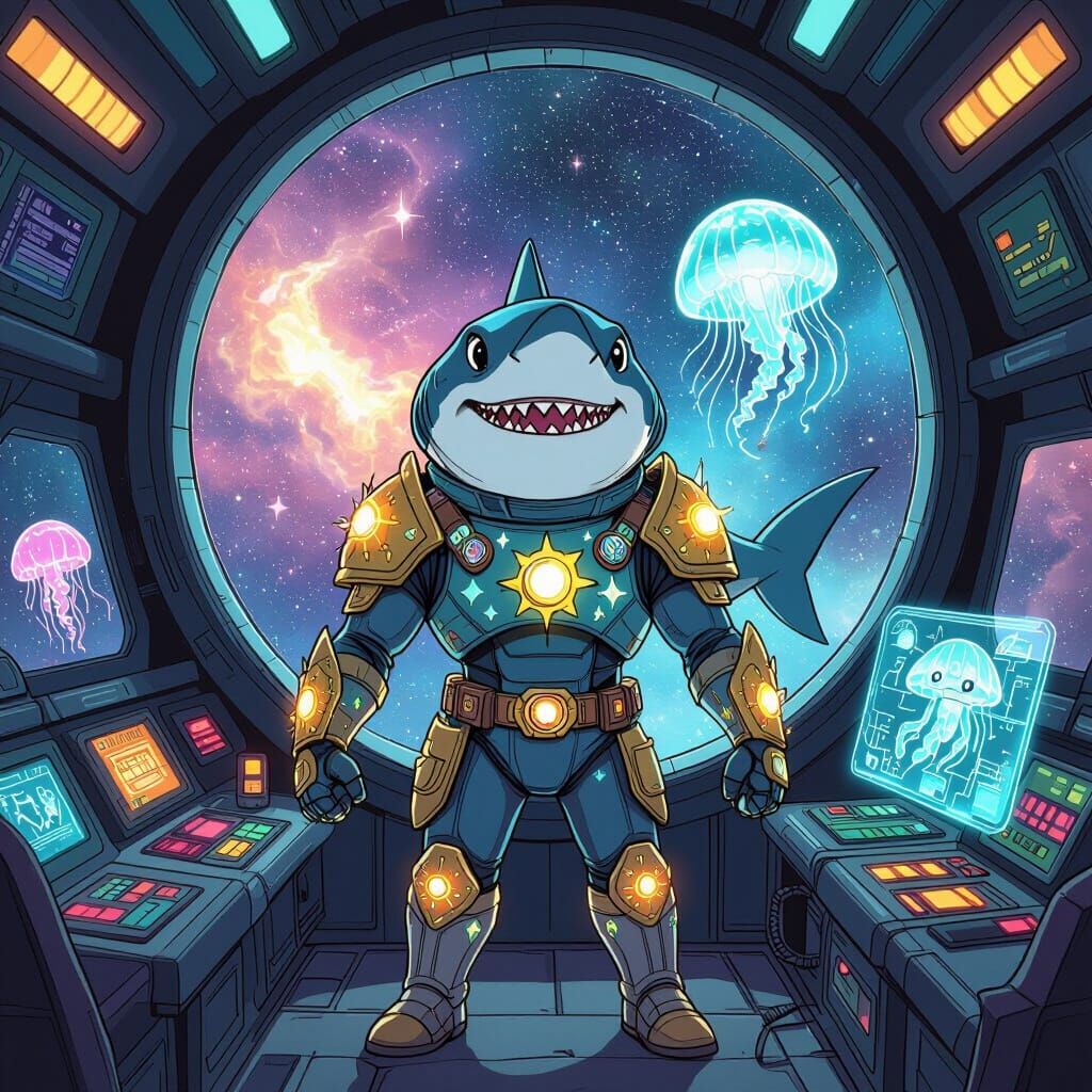 Shark Hero in Spaceship Cockpit, Comic Book Style