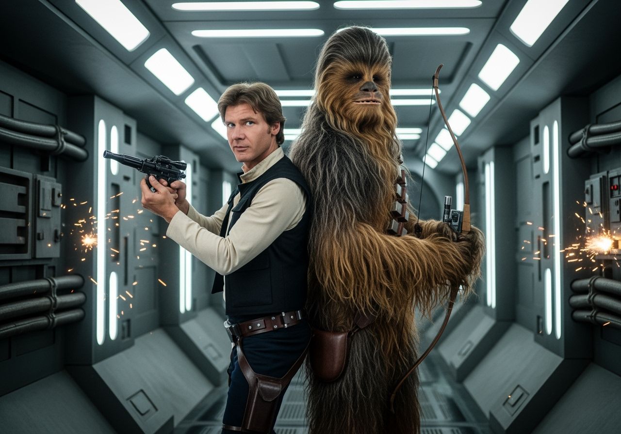 Han Solo and Chewbacca Stand Back to Back