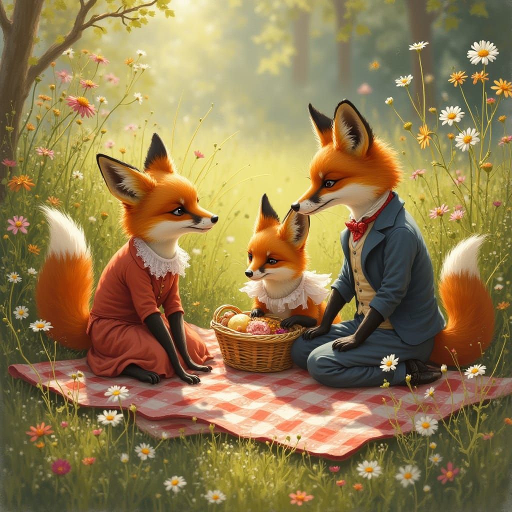 Victorian Foxes Picnic in Sunny Meadow