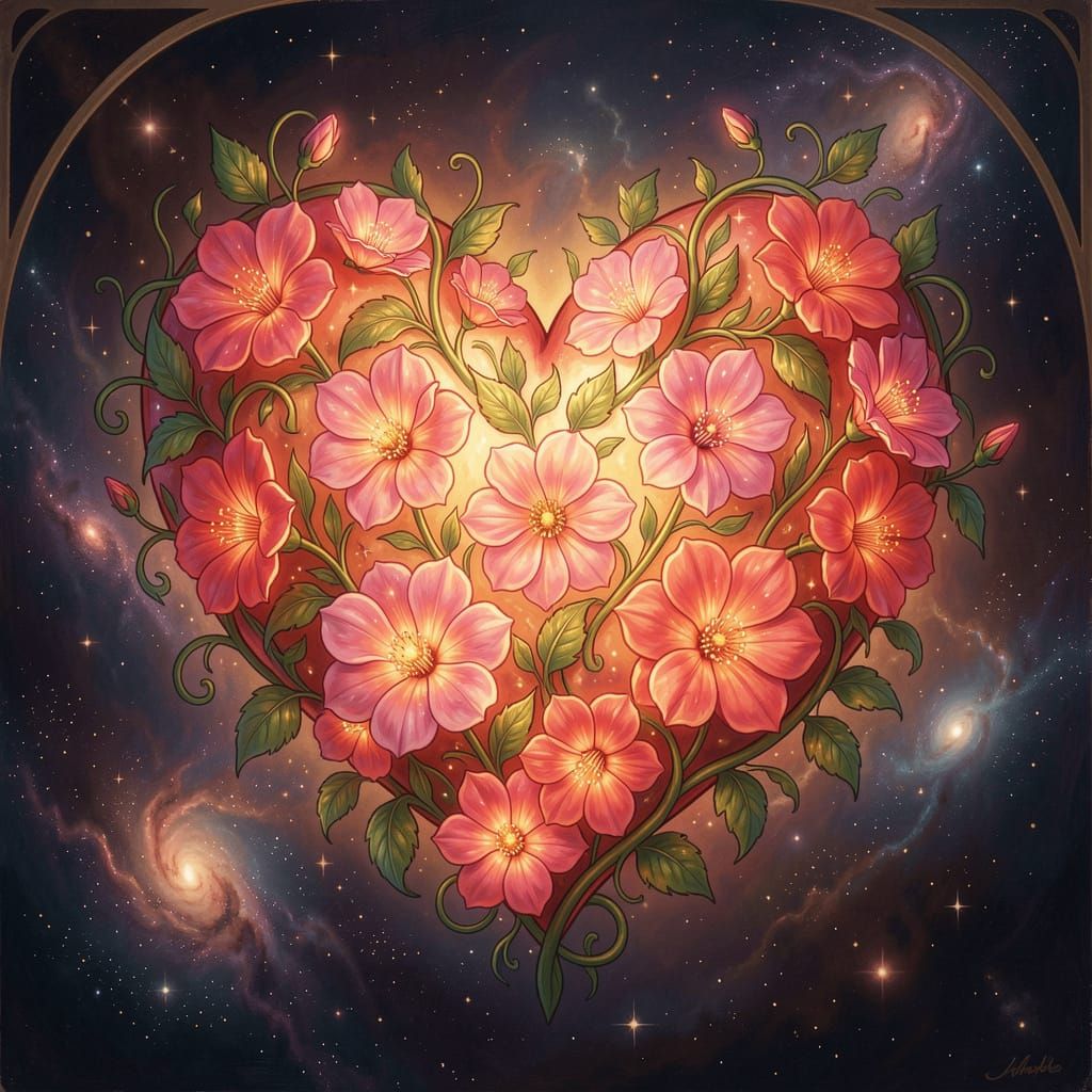 Glowing Floral Heart Against Cosmic Nebula