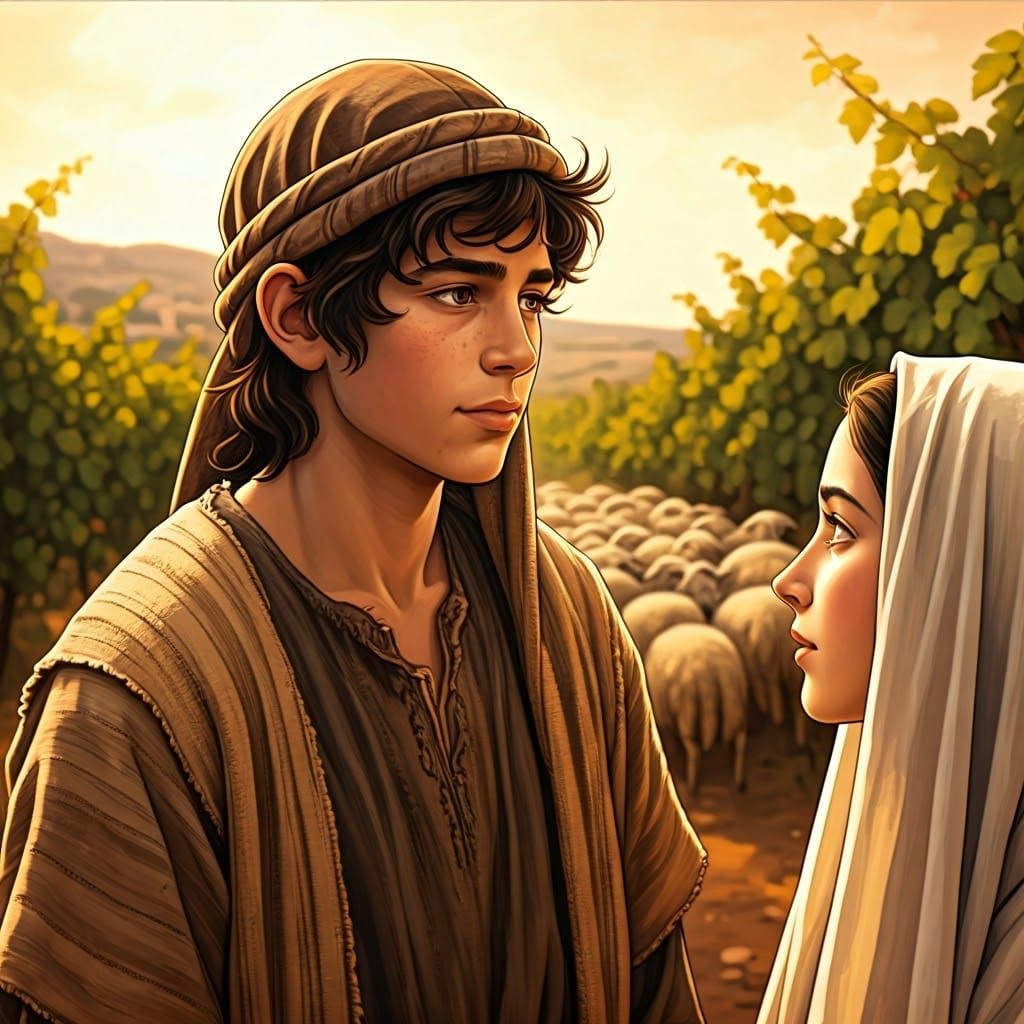 Golden Hour Scene of Hebrew Jewish Youth in Ancient Vineyard