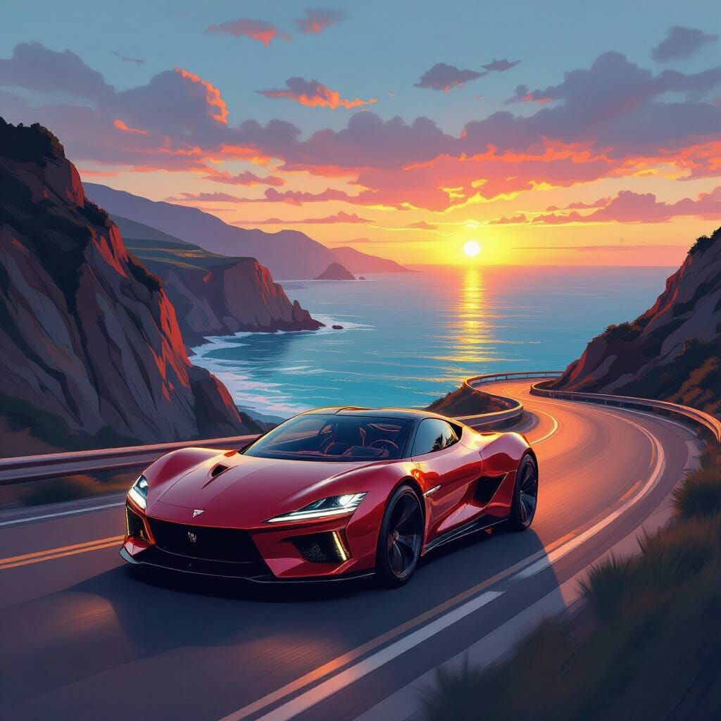 Crimson Sports Car on Coastal Road in Art Deco Style