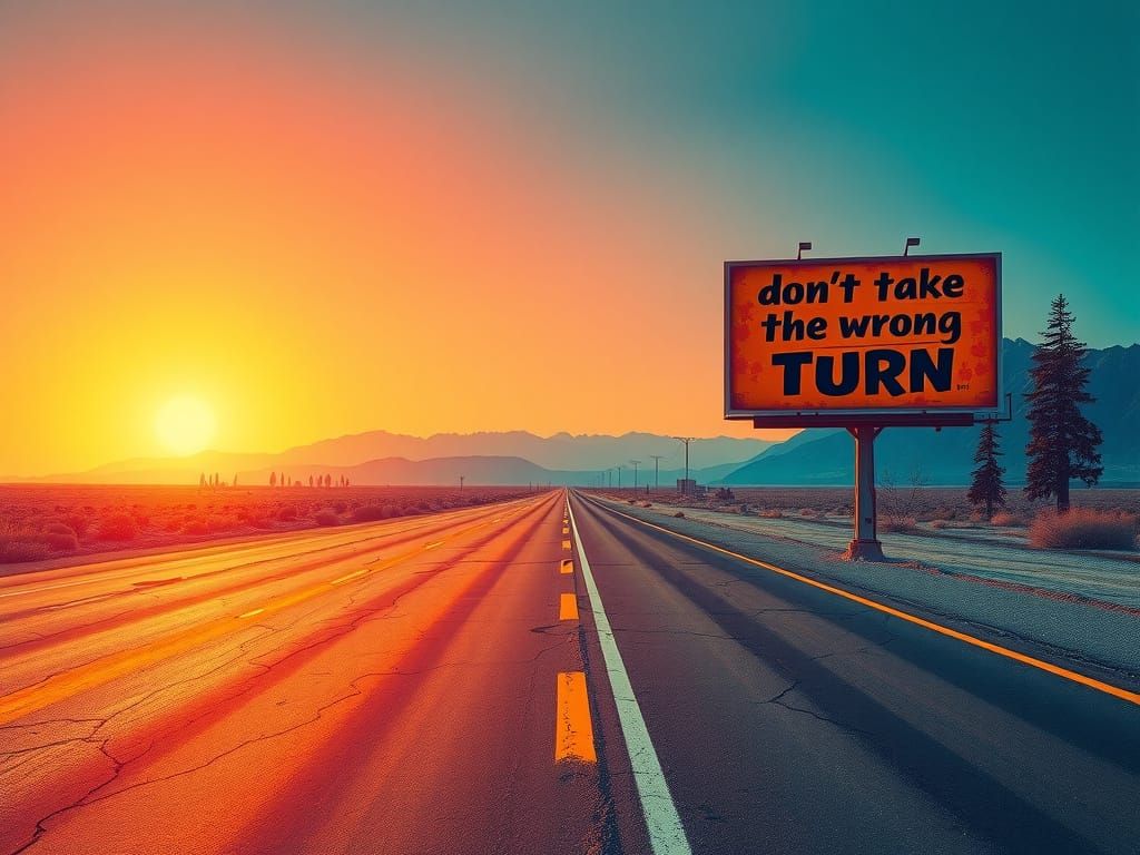 Vibrant Sunset Road with Retro Billboard and Majestic Mounta...