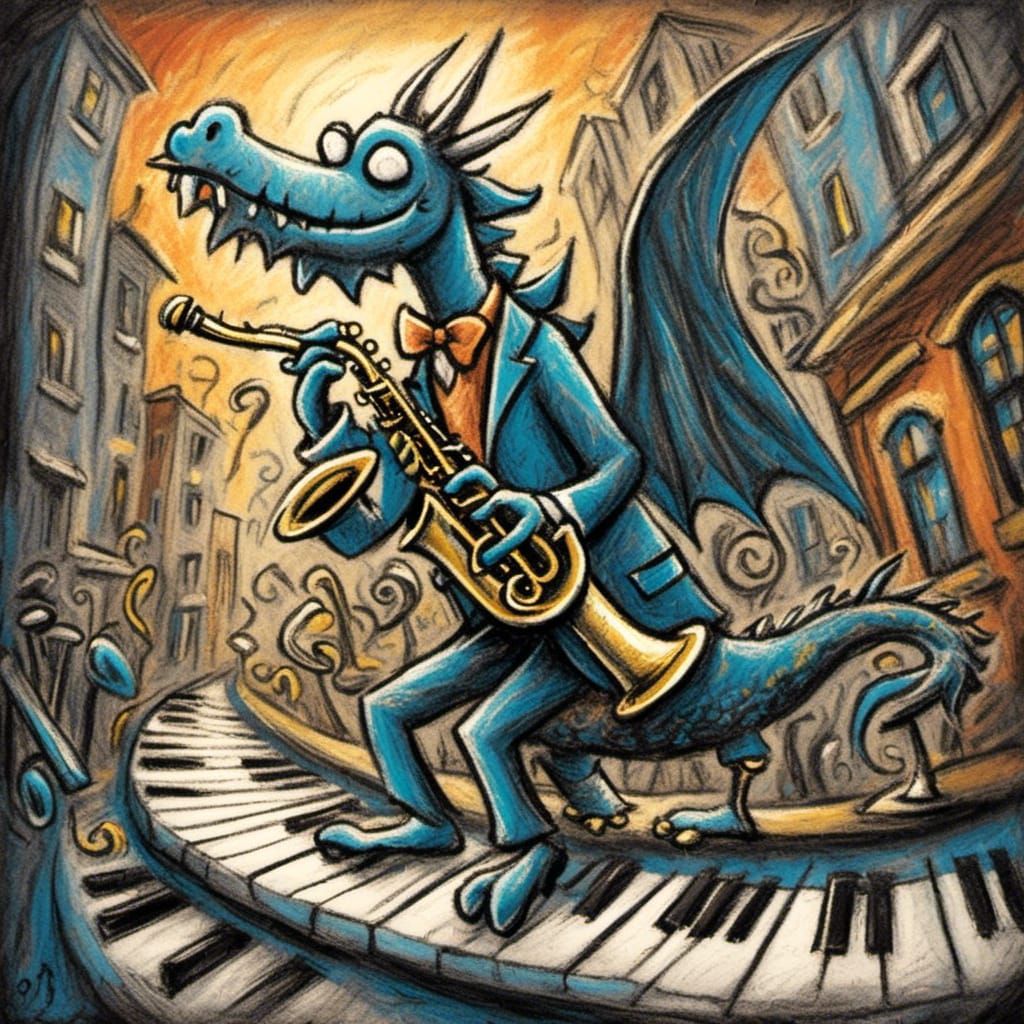 <lora:Pastel Wings:1.0> Surrealistic jazz scene. Close-up shot. A dragon wearing a zootsuit and fedora with iridescent ...