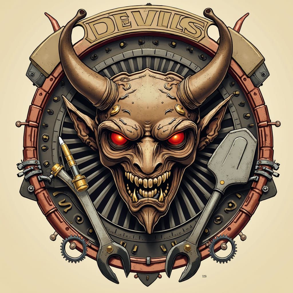 Industrial Devil Emblem in Steampunk Style
