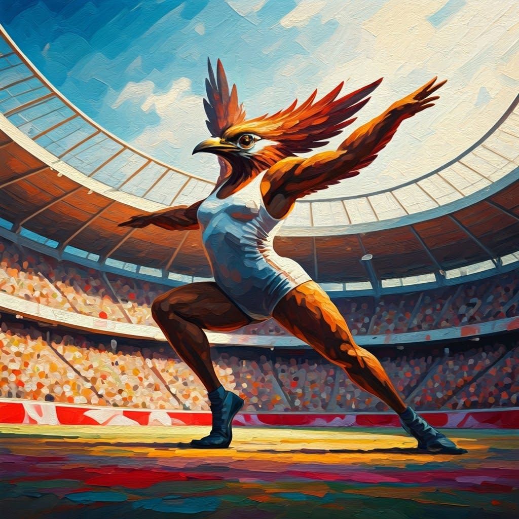 Bird Gymnast at the Olympics in Neo-Impressionist Style