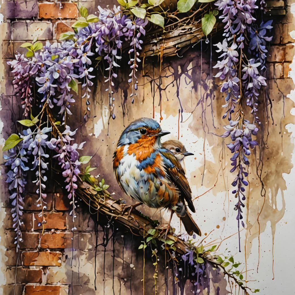 Robin on Wisteria Branch Watercolor Splash Art