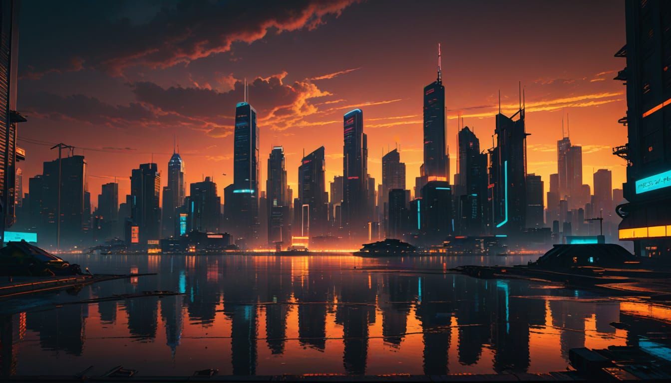 Cyberpunk 2099 Cityscape at Sunset in Hyperrealism