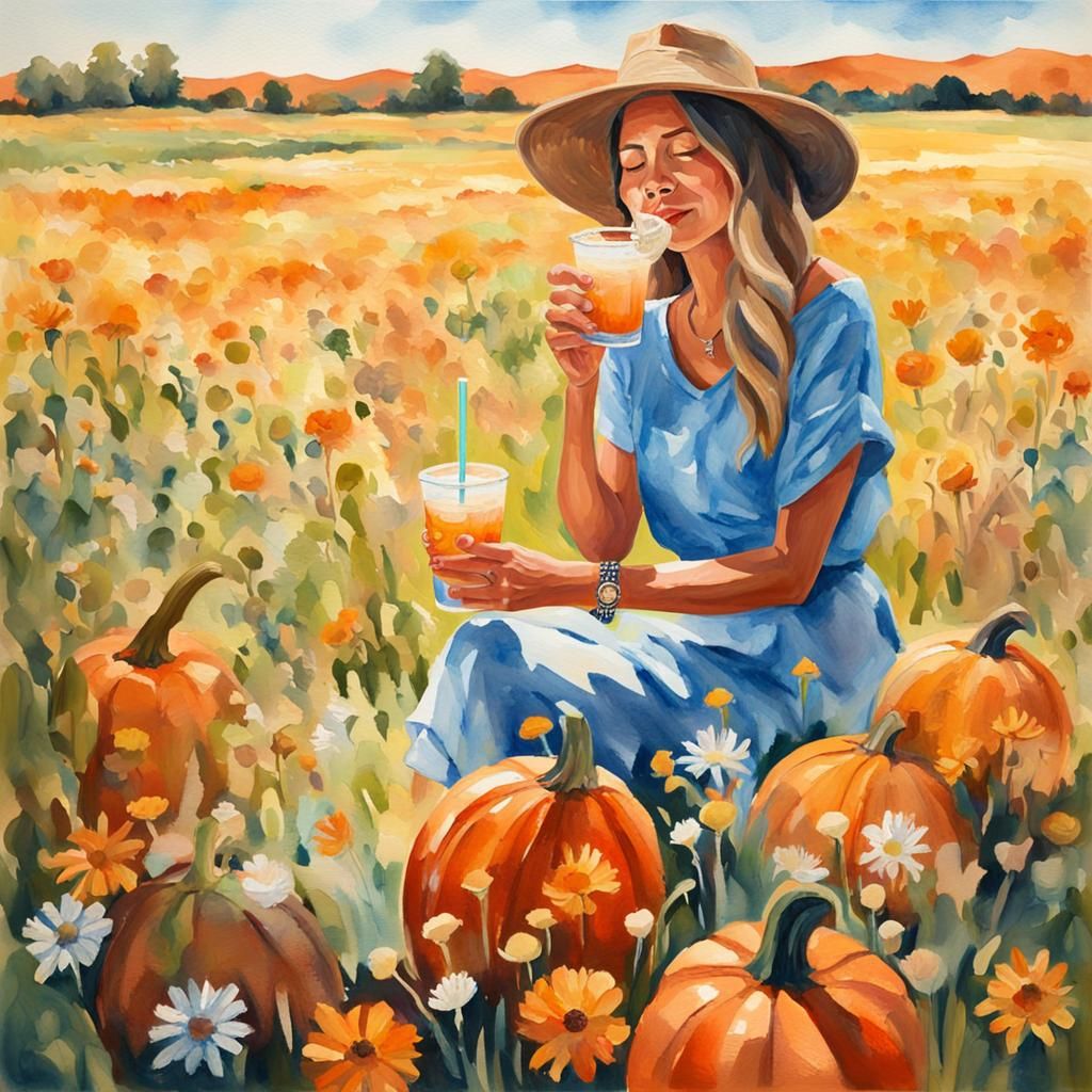 Woman in Meadow with Margarita: Impressionist Gouache