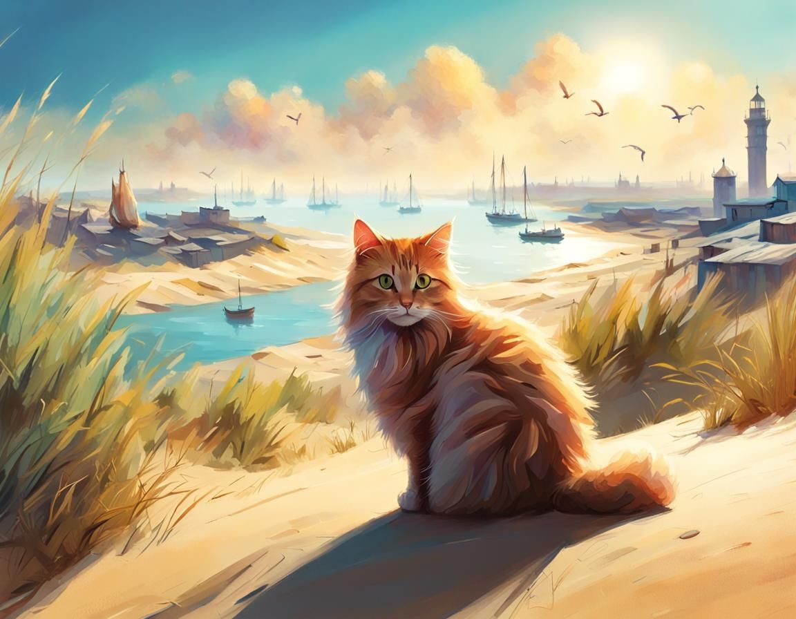 Fluffy Cat Overlooking Harbor in National Geographic Style