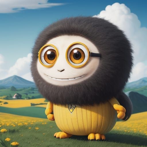Whimsical Minion-Inspired Creature Basks in Sunny Landscape