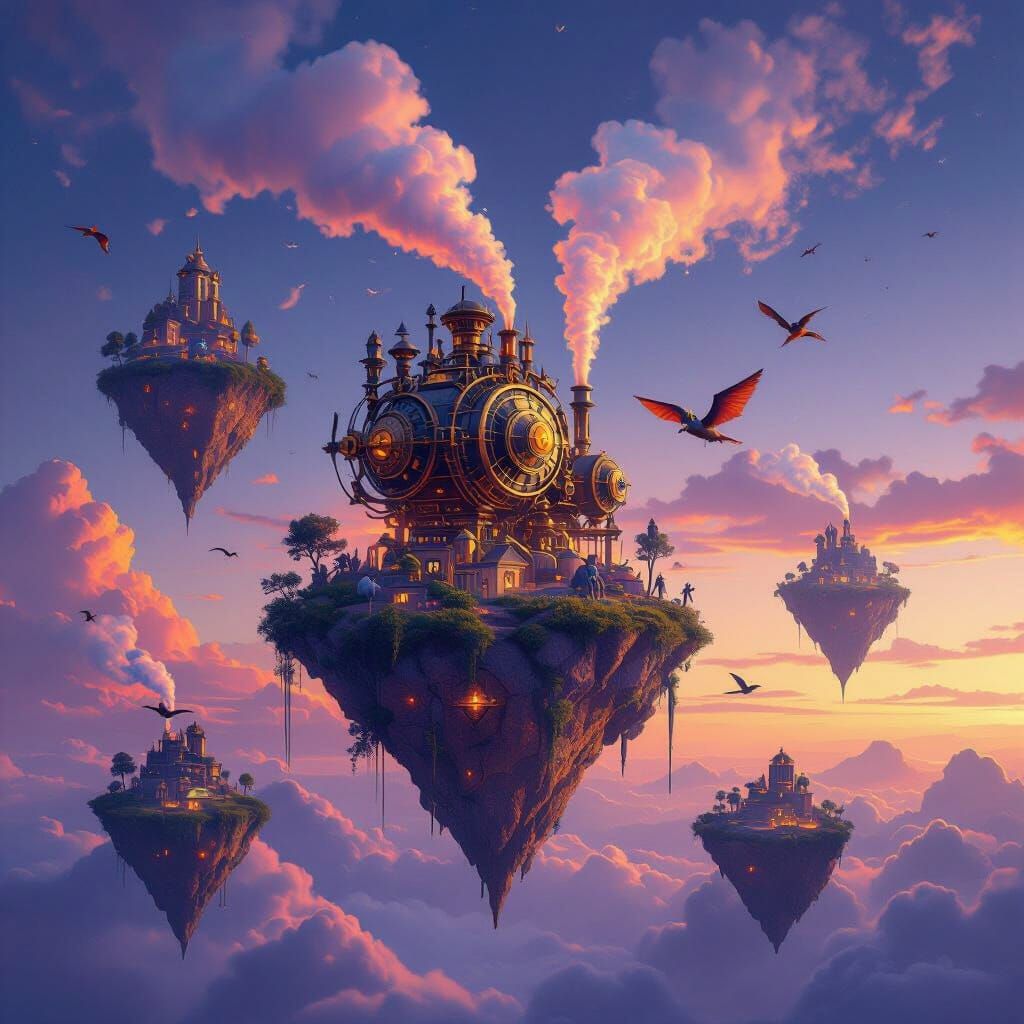 Floating Islands in Surreal Skyscape with Alien Worlds
