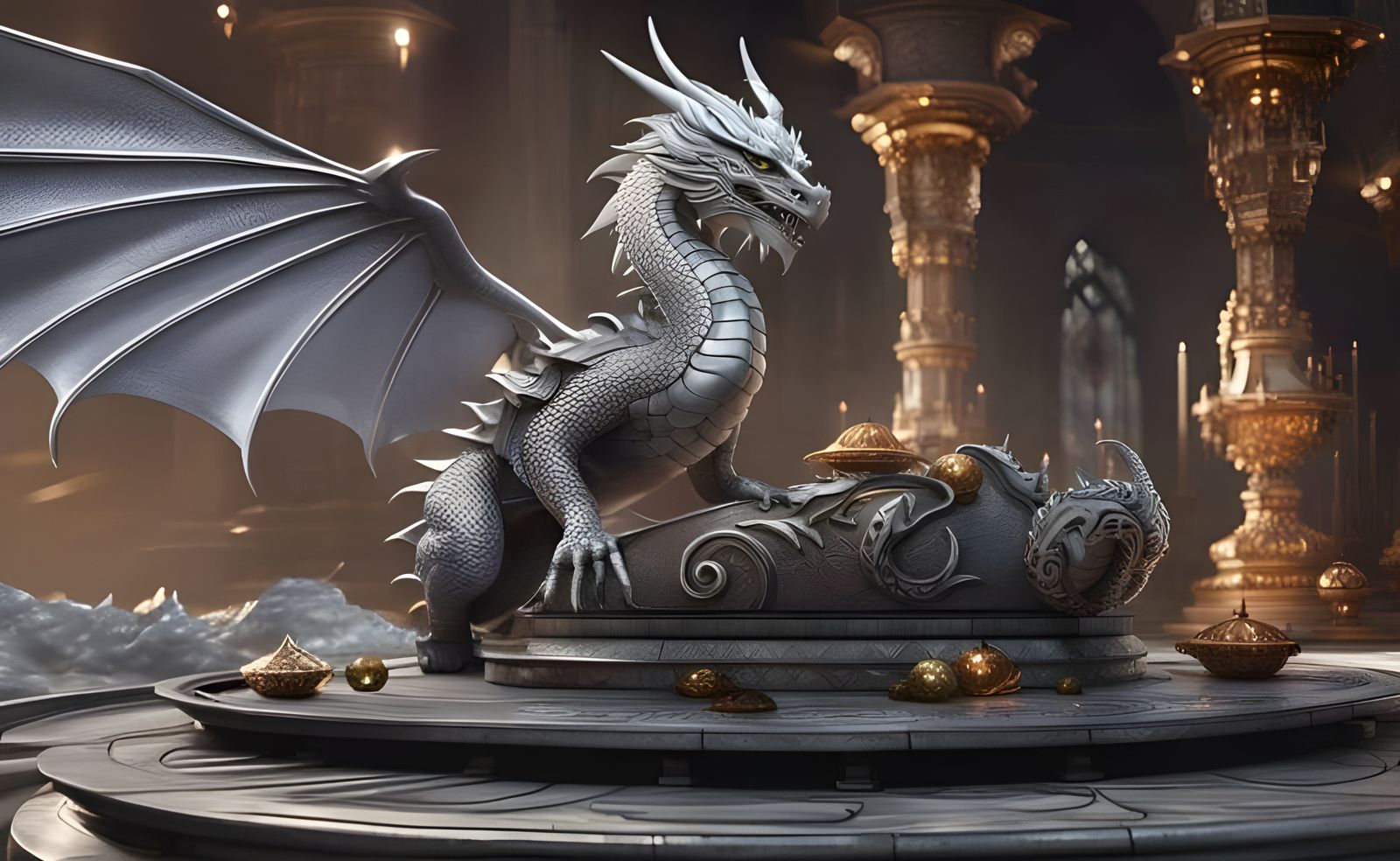 Silver Dragon on Marble Platform, Hyperrealistic Fantasy Art