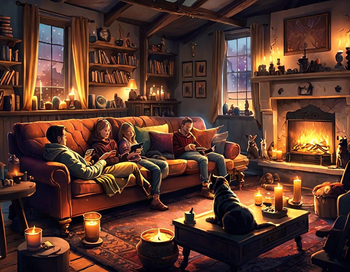 Cozy Evening: Dogs, Music, Fire, and Comfort