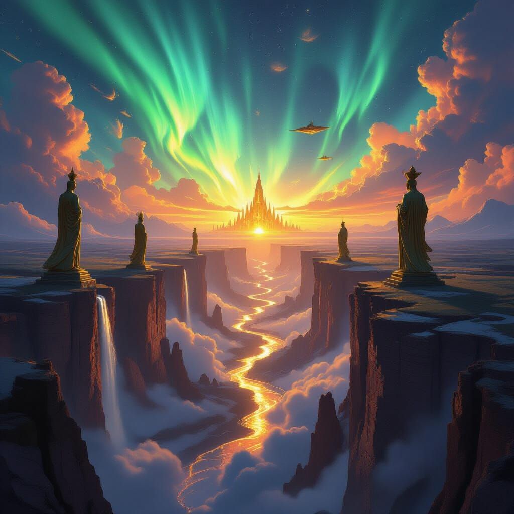 Golden River Canyon Under Aurora Sky with Floating Citadel