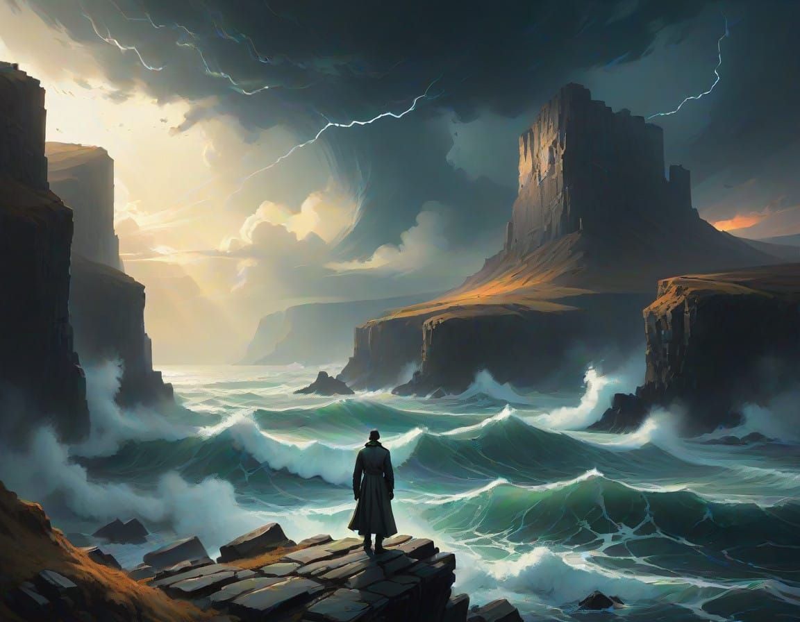 Mysterious Figure Stands on Cliff Gazing Out at Stormy Sea i...