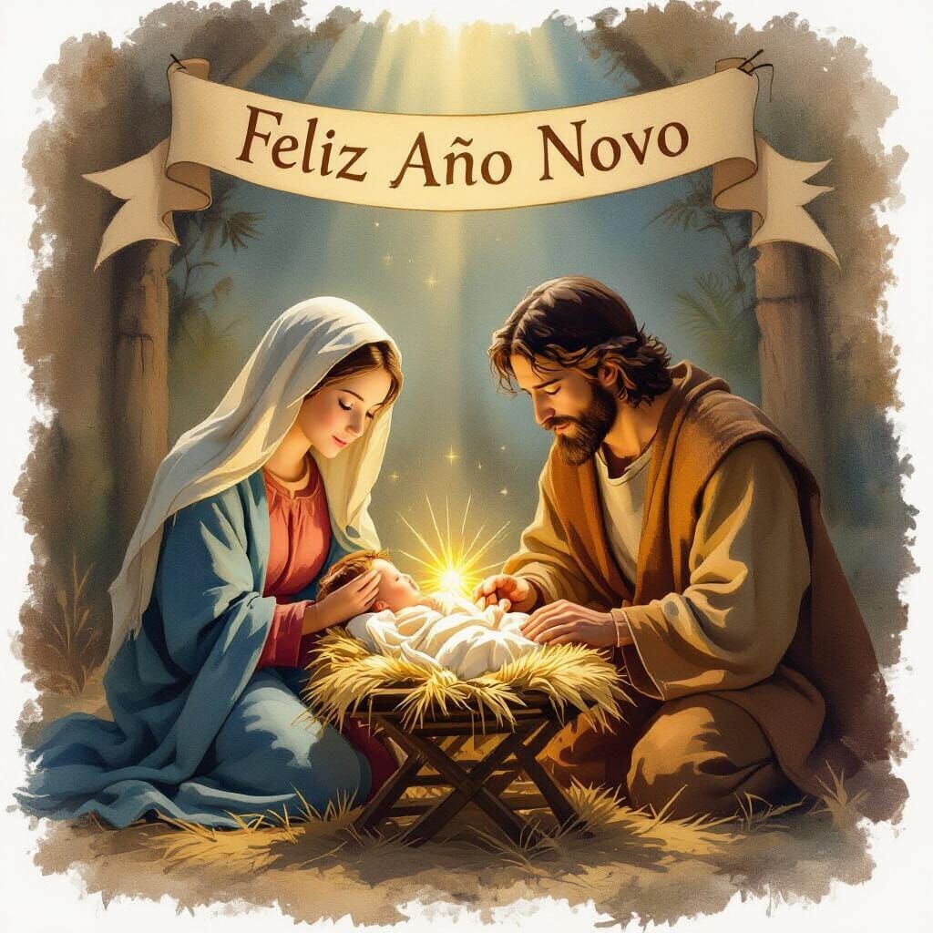 Peaceful Nativity Scene with 'Feliz Ano Novo' Banner