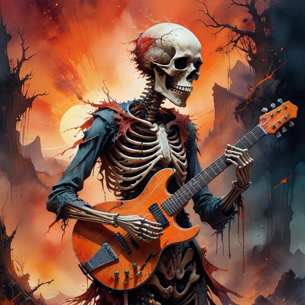 Dancing Skeleton Guitarist in Watercolour Desert Scene